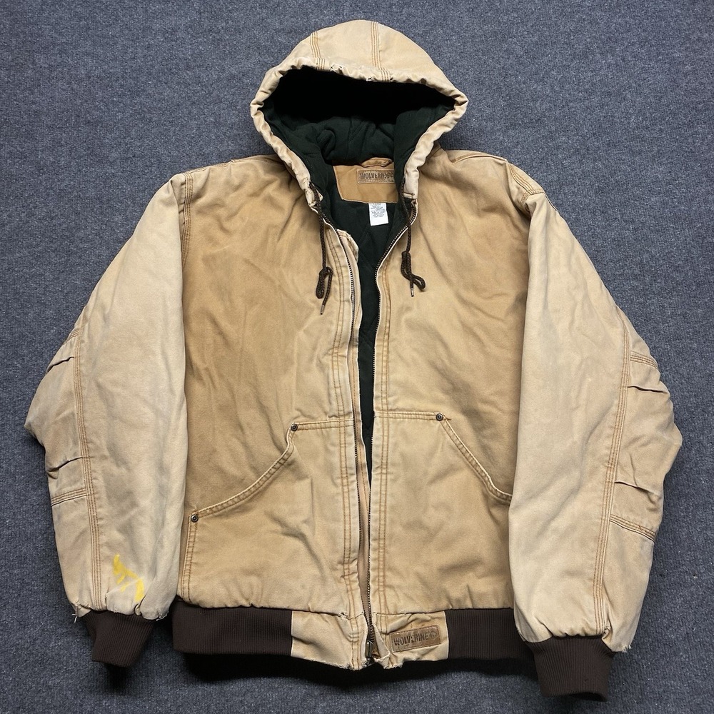 Wolverine Hood Chore Coat Jacket Duck Canvas Men's L Fleece Lined *Distressed*